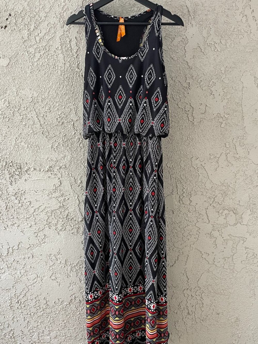 Black Boho Maxi Dress S Geometric Tribal Print Resort Travel Summer Sleeveless